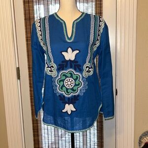 Tory Burch Emilia Blue Cotton/Linen Blend Embroidered V-Neck Tunic Size 4 EUC